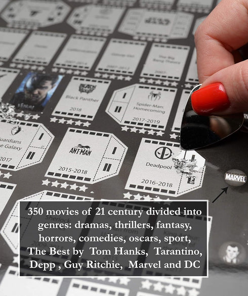 MyMap 350 Movies Scratch Off Movie Poster Cinematic Bucket List Film Map Scratch Movie Poster XXI Century for Cinema Lovers, Birthday Anniversary ...