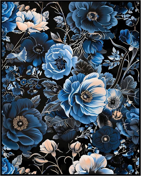 Posterizer 1 pcs-navy blue flowers with dark night sky background-Floral & Botanical Art-Abstract & Modern Art-Decor for Home & Office- UNFRAMED W...