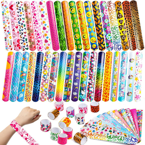 JOYIN 60 Pcs Slap Bracelets for Kids Bulk Wristbands with Animals, Friendship, Heart Print 36 Designs, for kids Easter Party Favors, Classroom Pri...
