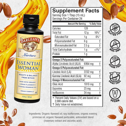 Barlean's Essential Woman Liquid Supplement for Women, Organic Flaxseed, Evening Primrose Oil & Soy Isoflavones, Omega 3 6 9 and GLA, Hormonal Bal...