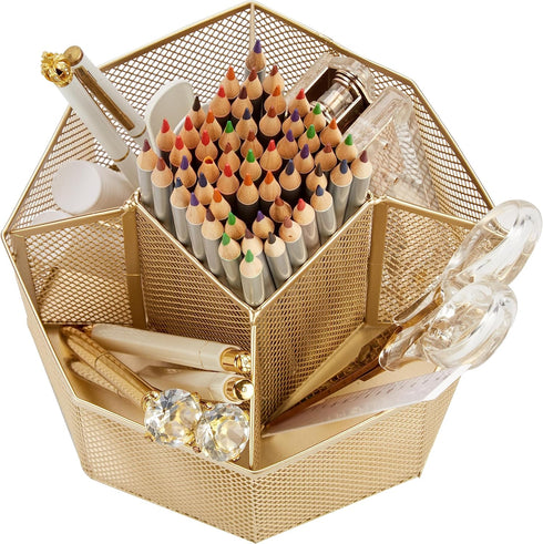 Annova Mesh Desk Organizer Rotate with 5 Compartments Spinning Tidy Candy/Pen Holder Office, Art Supply, Storage, Classroom, Home (Gold)...