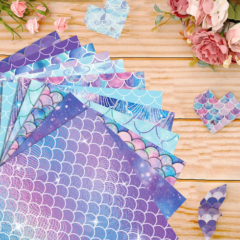 VIVIQUEN 24 Pack Mermaid Pattern Double-Sided Paper, 12-inches Purple Textured Scrapbook Paper Craft Paper Folded Flat for DIY Background Card Mak...