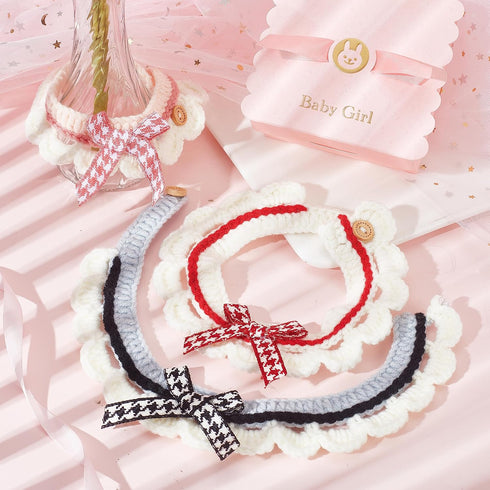 FINGERINSPIRE 3PCS Knitted Cat Collars Handmade Pet Collar with Buckles Adjustable Bow Tie Pet Collar Rose Brown Blue Handmade Collars Wool Hand-W...