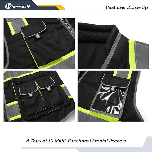 JKSafety 10 Pockets Hi-Vis Zipper Front Black Safety Vest | Cushioned Collar | High Reflective Tapes with Extended Neon Yellow Strips | Meets ANSI...