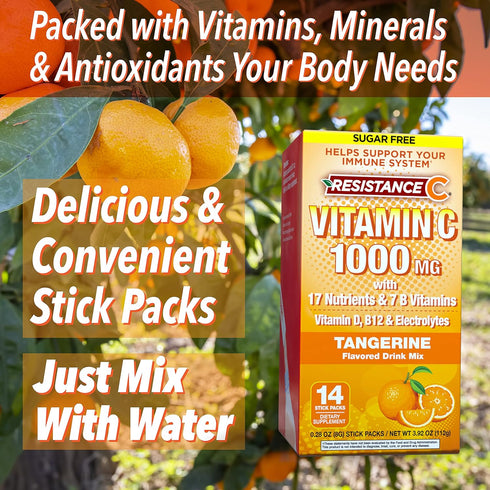 Vitamin C Stick Packs, 16 Nutrients & 7 B-Vitamins, Help Support Immune System, Powerful Antioxidants, Contains Electrolytes, Tangerine Flavor, 14...