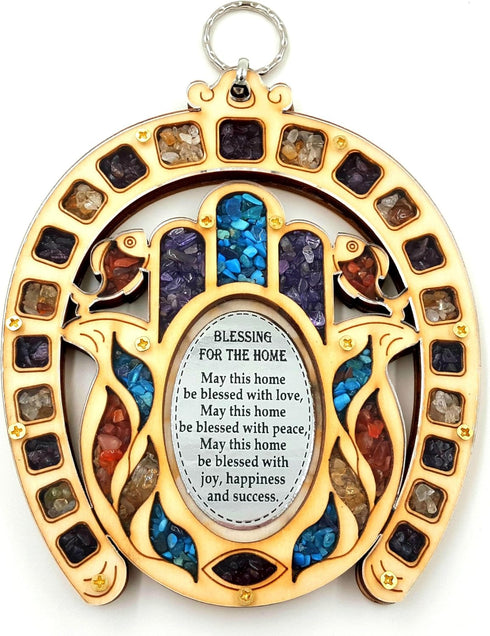 Horseshoe Symbol Hand Fatima Wood Wall Hanging Plaque Hamsa Home Blessing with Semi Precious Stones Gift...