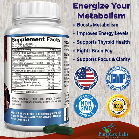 Thyroid Support with Iodine - Metabolism Booster, Energy Booster, Increase Focus - Premium Non-GMO Thyroid Supplement 60 Capsules...