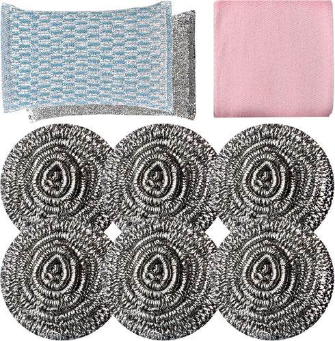 6pcs Stainless Steel Scrubber 2pcs Heavy Duty Scrub Sponges 1pcs Dish Clean Towel for Kitchens Bathroom and More...