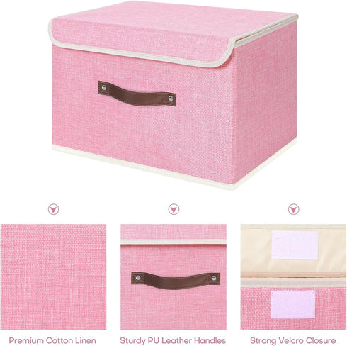 ANMINY Storage Bin with Lid Storage Boxes with PU Leather Handles PP Plastic Board Decorative Foldable Lidded Cotton Linen Fabric Home Cubes Baske...