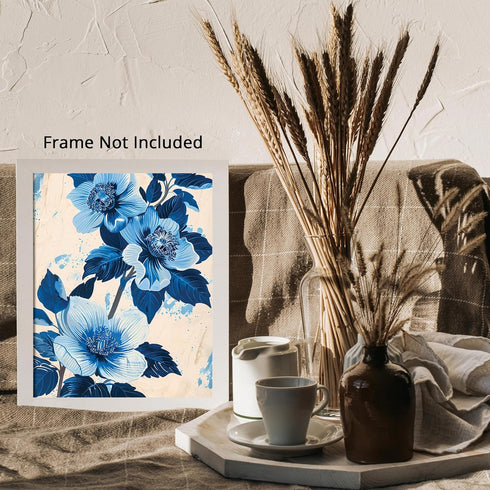 Posterizer 1 pcs-blue pretty flowers with white background-Floral & Botanical Art-Abstract & Modern Art-Decor for Home & Office- UNFRAMED Wall Art...