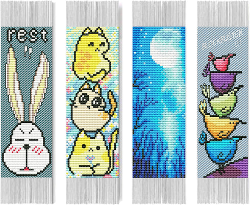 Maydear 4 PCS Cross Stitch Bookmark Kits, Stamped DIY Embroidery Bookmark Kit for Kids Adults Beginners, 18CT 2 Strands 1.85" ? 4.84" - Quadruple ...