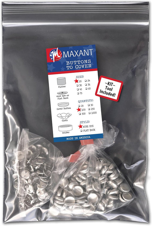100 Buttons to Cover - Made in USA - Self Cover Buttons with wire Eyes size 20 with Tool...