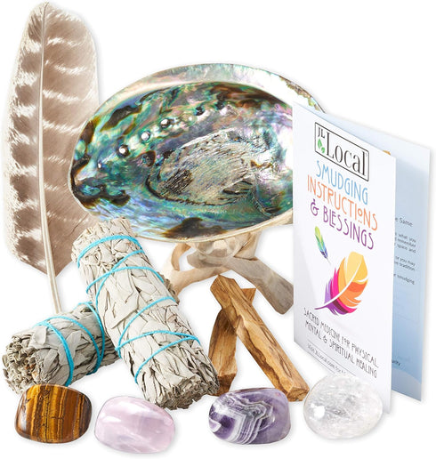 Perfect Unity Smudging Kit - 2 White Sage Smudge Sticks + 2 Palo Santo Sticks + Abalone Shell Bowl + Rose Quartz, Amethyst, Tiger's Eye & Clear Qu...