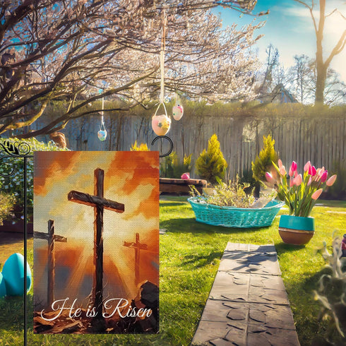 Easter Garden Flag He Is Risen Religious Cross Christian Burlap Double Sided Vertical Holiday Spring Yard Outdoor Decor 12.5 x 18 Inch...