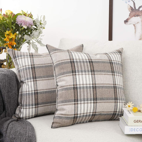 YOUR SMILE Set of 2 Retro Farmhouse Outdoor/Indoor Buffalo Tartan Chequer Stripe Plaid Cotton Linen Decorative Throw Pillow Case Cushion Cover Pil...