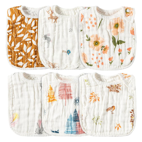 Zainpe 6Pcs Muslin Cotton Bibs for Baby Flower Bunny Deer Adjustable Machine Washable Neutral Burp Cloths with 6 Absorbent Soft Layers for Unisex ...