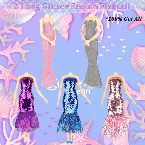 Glitter Sequin Mermaid Doll Clothes and Accessories - 12 Sequin Sparkly Glitter Party Club Dress, 2 Different Crown Ornament and 3 Beautiful Neckl...