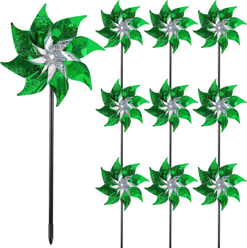 Hausse 10 Pack Reflective Pinwheels Holiday Decor, Extra Sparkly Wind Sculptures for St. Patrick's Day Decorations Party Supplies, Deterrent to Sc...