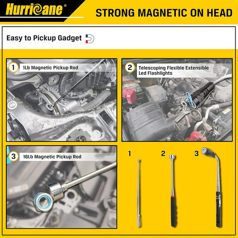 HURRICANE 5Pcs Telescoping Magnetic Pick Up Tool Kit, Gifts for Men, with 1Lb and 16Lb Pickup Rod, Round/Square 360 Swivel Adjustable Inspection M...