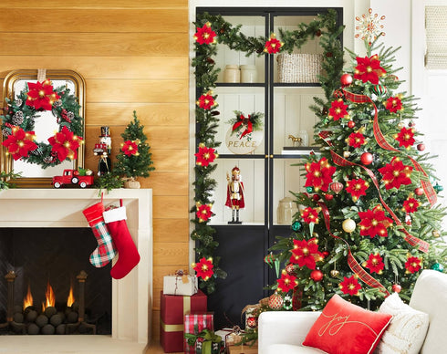 Geefuun 28PCS Christmas Tree Decorations: Poinsettias Artificial Flowers Ornaments Xmas Red Glitter Flower with Clips,3 Sizes Not Included Stems...