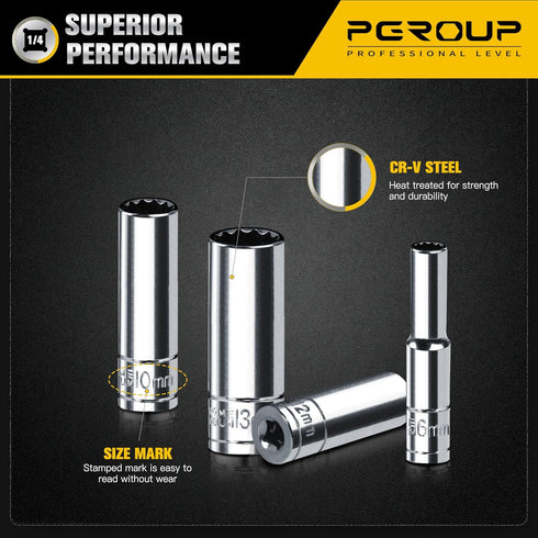 1/4 Inch Drive Socket Set - 8 Piece Metric 12-Point Deep Socket Set (6mm, 7mm, 8mm, 9mm, 10mm, 11mm, 12mm, 13mm)- Cr-V Steel with Sturdy Holder - ...