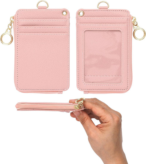 2-in-1 ID Badge Holder & Lanyard Wallet - Multi-Use Womens Small Wallet with Removable Wristlet & Neck Lanyard, Clear Window, 5 Card Slots, Phone ...