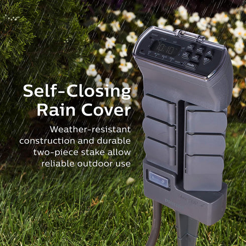 Philips Rotatable Digital Yard Stake Timer, Plug-in, Custom ON/Off Times, Light Sensor, 6-Hour Countdown, Weather Resistant, 6 Grounded Outlets, S...