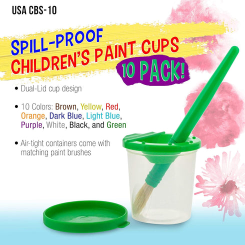 U.S. Art Supply 10 Piece Children's No Spill Paint Cups with Colored Lids and 10 Piece Large Round Brush Set with Plastic Handles...