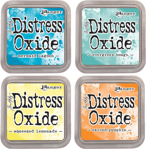 Tim Holtz Ranger Distress Oxide Ink Bundle - Four 3" x 3" Pads (B - Brights : Mermaid Lagoon, Evergreen Bough, Squeezed Lemonade, and Carved Pumpk...