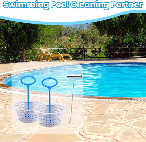 2PCS Skimmer Basket Handle & Pool Skimmer Basket Hook, Pool Accessories for Inground Pools, Pool Skimmer Handle Fit All Skimmer Baskets, Pool Filt...