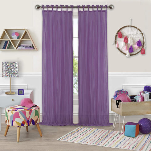 Elrene Home Fashions Greta Crushed Sheer Tie Tab Top Teen Kids Single Window Panel Curtain Drape, Purple, 50" x 95"...
