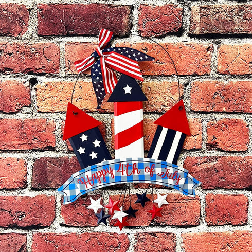 Metal Hanging Americana Fireworks Sign Patriotic Wall Decor American Flag Hanging Metal Star Wreath 4th July Garden Yard Signs Independence Day In...