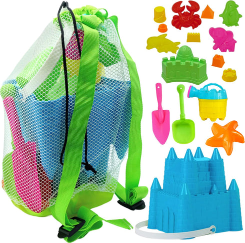 4E's Novelty Beach Toys for Kids with Bag (17 Pcs Set) Castle Beach Bucket with Shovels & Molds - Beach Toys for Kids 3-10, Sand Toys for Toddlers...