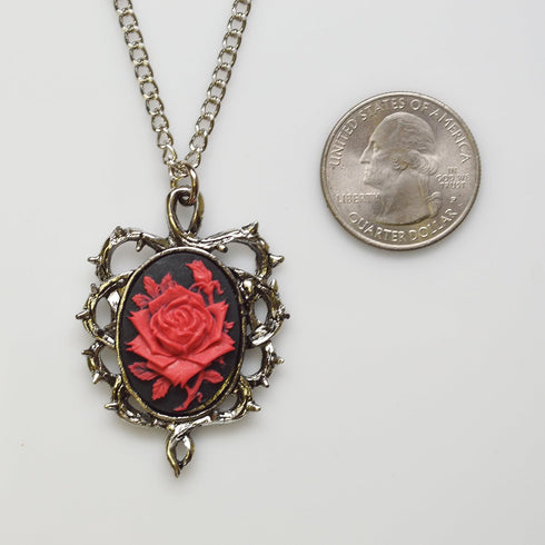 Gothic Red Rose Cameo In Thorns Pendant Necklace...