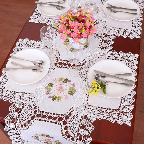 Handmade Crochet Cotton Lace Table Runner Dresser Scarf, Ribbon Embroidery (17 x 56 inches)...