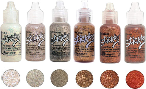 Ranger Stickles Glitter Glue Bundle A "Flicker" - Six .5 fl oz Bottles - Icicle, Glisten, Platinum, Rose Gold, Copper, and Sunset...