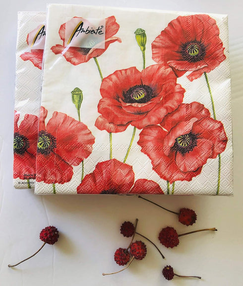 20-ct 13x13 Valentine's Napkins Decorative for Decoupage Red Poppy Floral Paper for Mother's Father's Day Red Pretty Flower Napkins gorgeous for L...