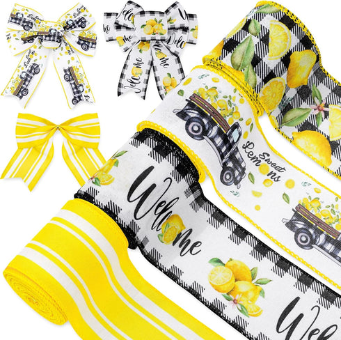 Lemon Wired Edge Ribbon 24 Yards Summer Yellow Lemons Truck Craft Ribbon Buffalo Plaids Farmhouse Fabric Ribbon for Wreath Bow Making DIY Crafts W...