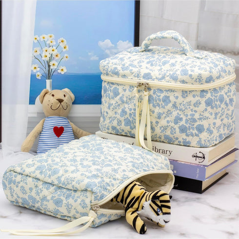 PAZIMIIK Cotton Makeup Bag for Women Large Quilted Travel Cosmetic Pouch Girls' Make Up Organizer,Little Flower Blue...