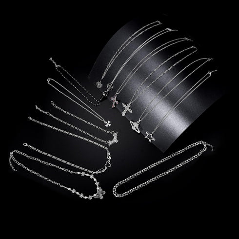 11Pcs Punk Vintage Necklace Set Goth Grunge Saturn Star Indie Butterfly Boho Crystal Y2k Cross Pendent Heart Wing Statement Choker for Women Men...