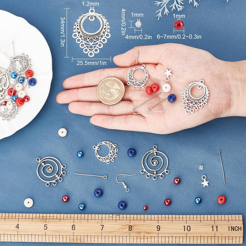 SUNNYCLUE 1 Box 412Pcs DIY 10 Pairs Independence Day Chandelier Charms 4th of July Earrings Kit Bohemian Style Beads Patriotic Charms USA Red Blue...