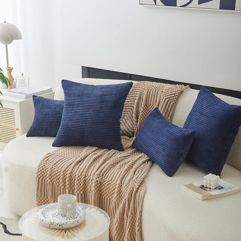 Home Brilliant Euro Sham Striped Decorative Corduroy Pillow Cover 24x24 Velvet Large Couch Throw Pillow Cover for Bedroom, 24 inch (60cm), Navy Bl...