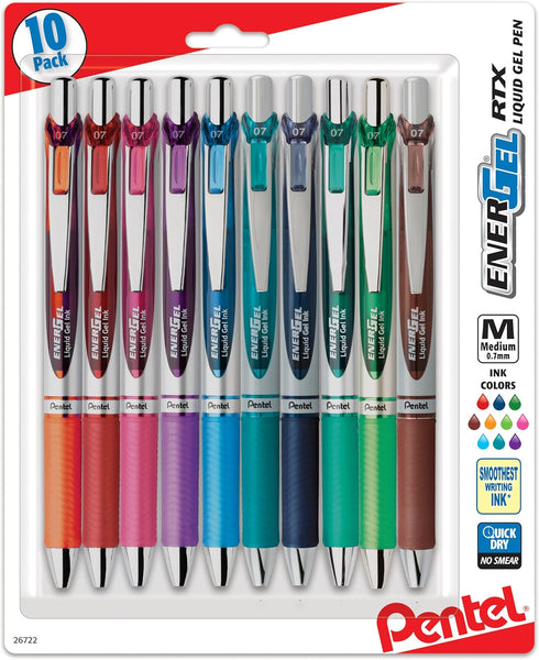 Pentel EnerGel RTX Retractable Liquid Gel Pen, (0.7mm) Medium Line, Metal Tip, Assorted Ink, 10-Pk (BL77BP10M)...
