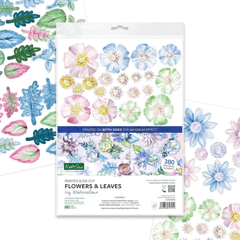 Katy Sue 'ICY Watercolour' Die-Cut/Paper Tole Flowers & Leaves. Contains 12 Letter Sized Sheets - 8 of Die Cut Flowers & 4 of Die Cut Leaves in Bl...
