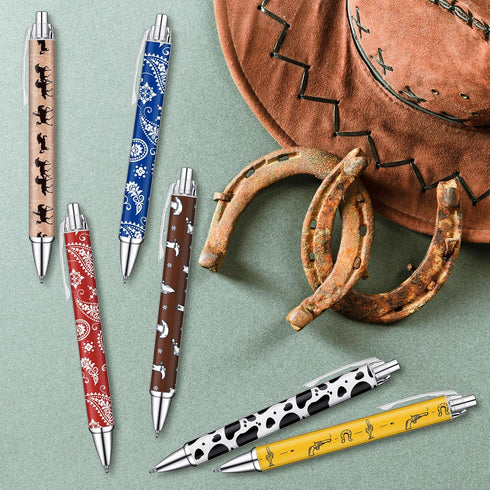 24 Pcs Western Theme Pens Bulk Cow Print Ballpoint Pens Cowboy Pens Western Cowboy Party Favors Black Retractable Gel Pens School Office Supplies ...