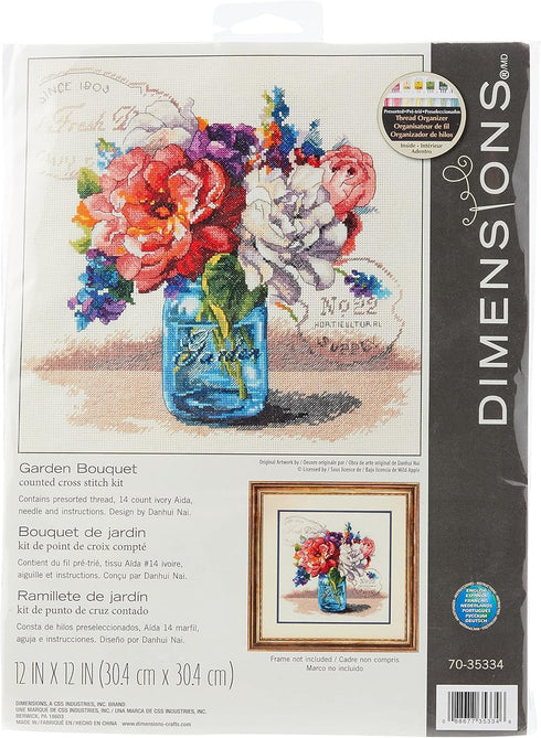 Dimensions 'Garden Bouquet' Counted Cross Stitch Kit for Beginners, 14 Count Ivory Aida Cloth, 12''L x 12''W...