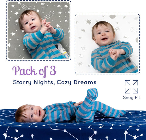 Fitted Unisex Crib Sheets (3 Pack) by GROW WILD - Jersey Knit Cotton Crib Sheets for Boys or Girls, 52” x 28” x 9” Crib Bedding Set (Moon, Stars a...