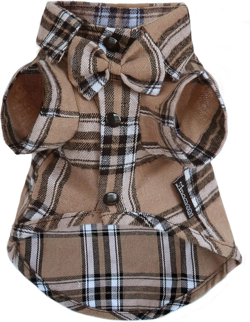 Soft Casual Dog Plaid Shirt,Gentle Dog Western Shirt Pet Clothes, Dog Cotton Shirt with Bow Tie for Wedding,Christmas Costumes (Large, Dark Khaki)...