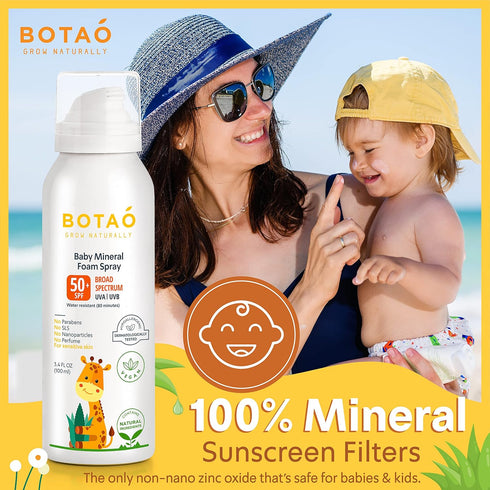 Baby’s 100% Mineral Zinc Oxide Sunscreen Foam Spray, safe natural sensitive skin sunblock Babies or Toddlers: SPF50 Broad Spectrum UVA UVB, Sunbur...