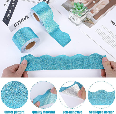 131 Ft Blue Glitter Bulletin Board Borders Blue Scalloped Bulletin Board Trims Shiny Decorative Border Trims Sparkle Self-Adhesive Bulletin Sticke...